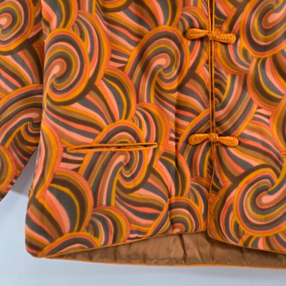 Ladies Asian Frog Button Quilted Blouse Orange Swirl Pattern Size Small Vintage - Picture 2 of 11